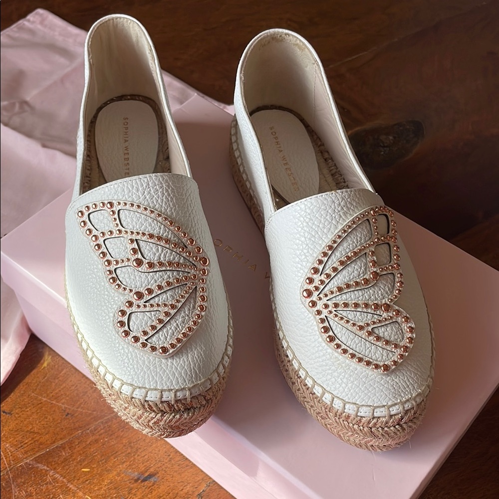 Sophia Webster Pink and White Espadrille Flats with Butterfly Design